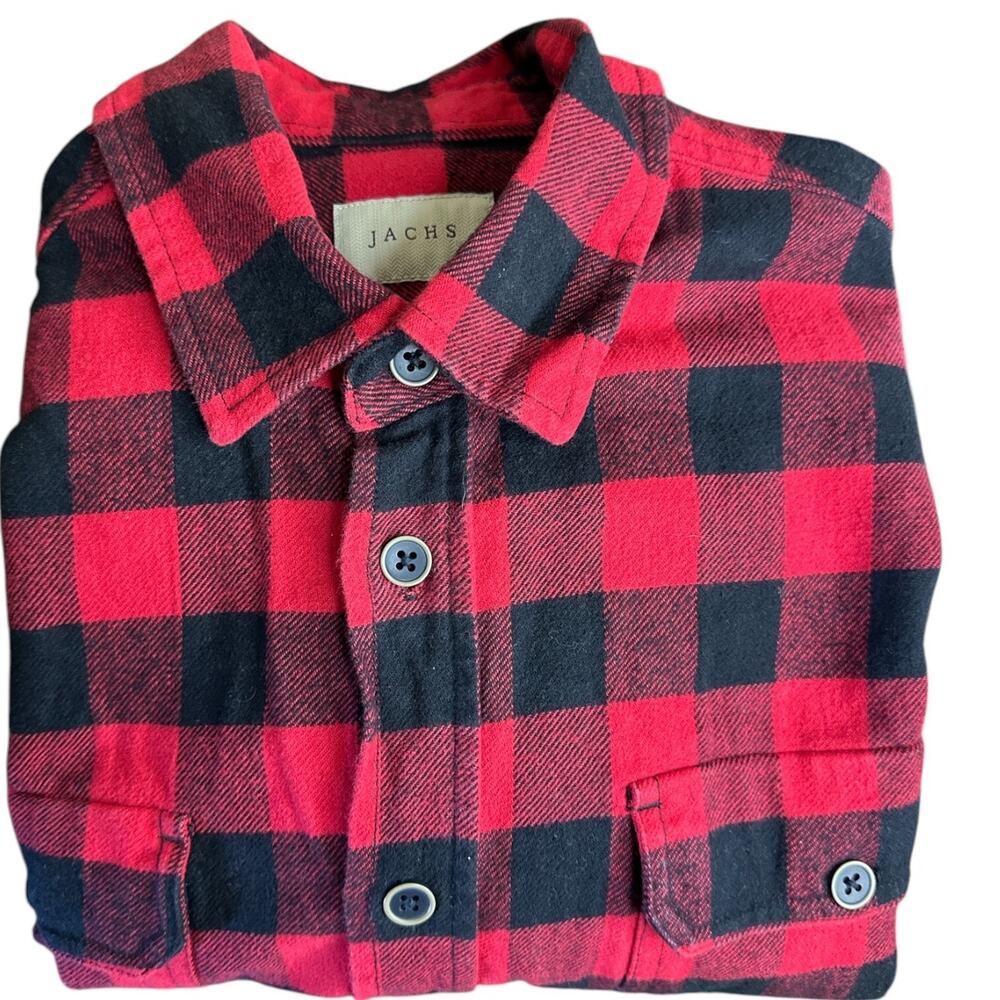 Jachs Mens Large Heavy Flannel Button Down Shirt Red Black Plaid Outdoor Classic